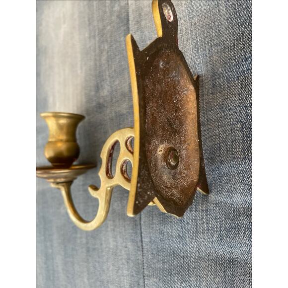 Vtg Heavy Solid Brass Candle Holder Ornate Threaded Worn Rear Mounts - Picture 3 of 4